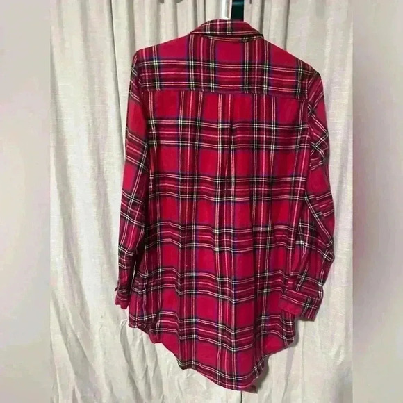 Hippie Rose Red Long Plaid Flannel Shirt, XS Long Sleeve, Soft Cozy Fall Holiday - Picture 2 of 4